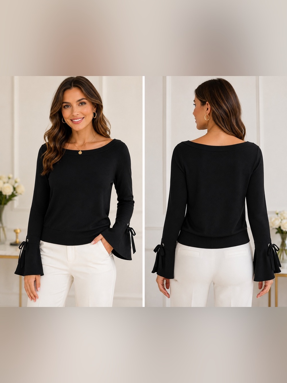 NWT INC International Concepts Black Bell Sleeve Top Medium Bow Cuffs